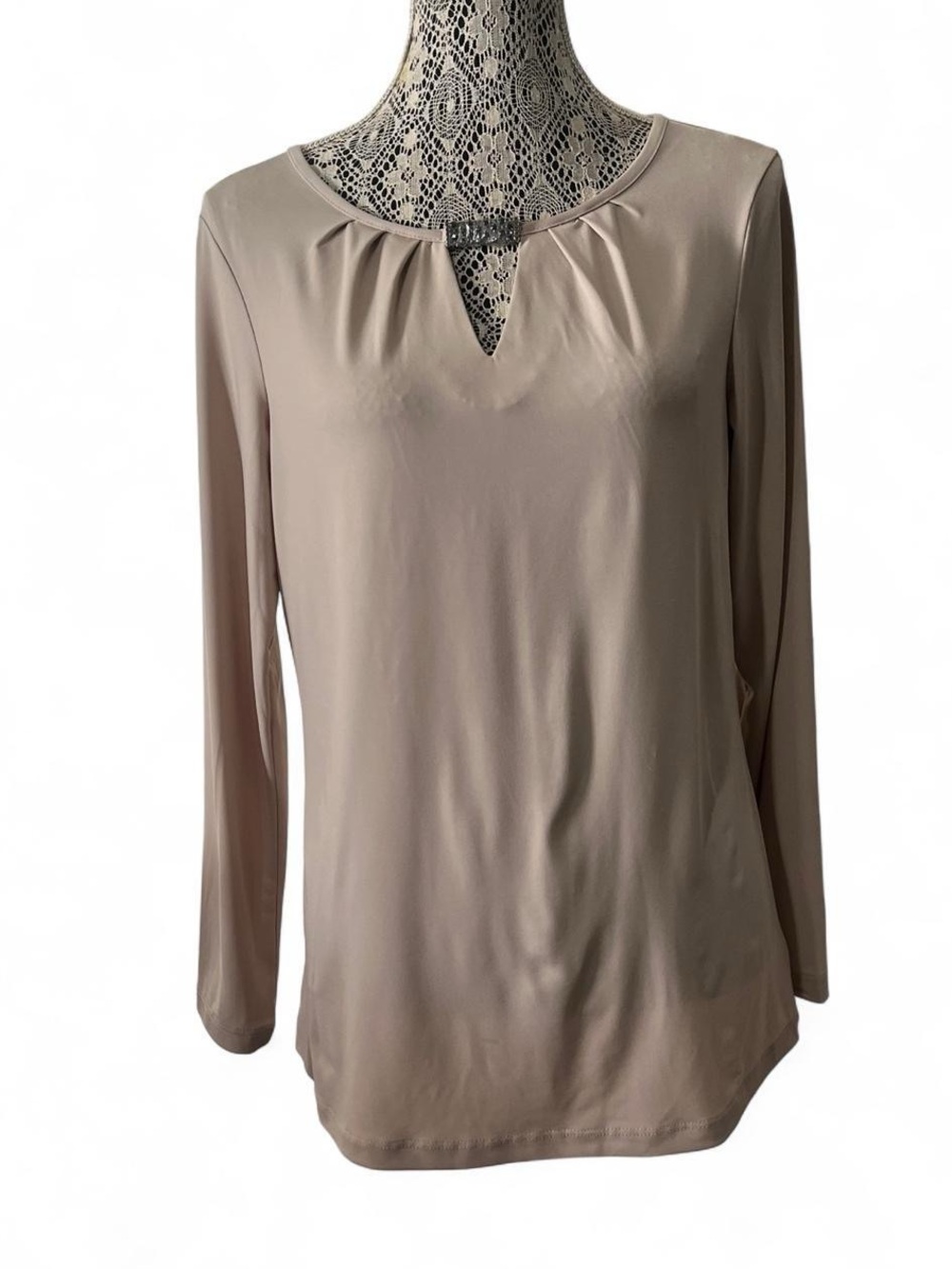 Susan Graver Taupe Long-Sleeve Keyhole Top